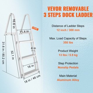 Escalera de muelle, removible de 3 pasos, capacidad de carga de 350 lbs, escalera de barco de aleación de aluminio con peldaño de 4'' de ancho y diseño de pedal antideslizante, fácil de instalar p...
