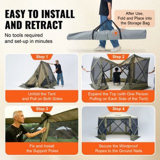Tenda Gazebo Pieghevole, Tenda a Schermo Pieghevole a 6 Lati, Rifugio Solare con 6 Tende di Privacy Rimovibili e Finestre a Maglia, Tenda a Schermo da 12x12FT di Configurazione Rapida con...