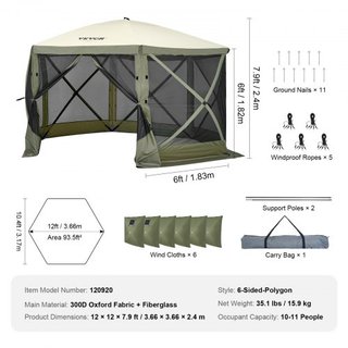 Tenda Gazebo Pieghevole, Tenda a Schermo Pieghevole a 6 Lati, Rifugio Solare con 6 Tende di Privacy Rimovibili e Finestre a Maglia, Tenda a Schermo da 12x12FT di Configurazione Rapida con...