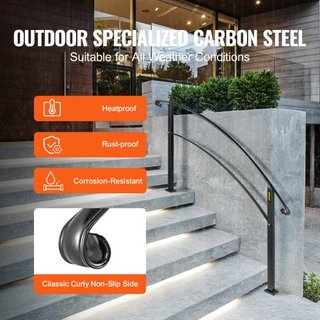 Pasamanos para Escaleras Exteriores, Se Adapta a 1 o 5 Escalones, Barandilla de Escalera Exterior de Hierro Forjado Negro, Barandilla Flexible para Porche Frontal, Pasamanos Transicional para Esca...