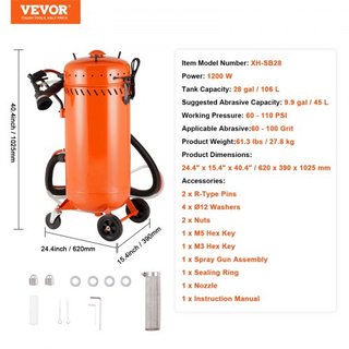 Arenadora de Vacío de 28 Galones, Arenadora Sin Polvo con Sistema de Vacío Integrado de 1200W para Control de Polvo y Reciclaje de Abrasivos, Máquina de Chorro Abrasivo Pesada de 60-110 PSI