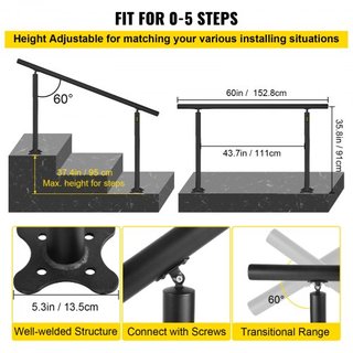 Kit de Barandilla para Escaleras, Pasamanos de 152.4 cm para Exteriores de 0-5 Escalones, Barandilla de Escalera de Aluminio Negro con Ángulo Ajustable, Escaleras Interiores y Exteriores para Pers...