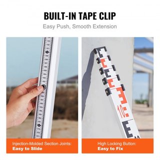 Varilla de Grado de Aluminio, Varilla de Medición Telescópica Métrica de 5M, Varilla de Nivelación de Escala Doble Cara en CM/MM, Varilla de Encuesta de Aleación de Aluminio con Nivel de Burbuja y...