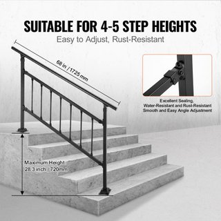 Barandilla de Escalera Exterior, Apta para 1-4 Escalones Barandilla de Hierro Forjado Transicional, Barandilla Exterior Ajustable, Barandillas para Escalones de Hormigón con Kit de Instalación, Ba...