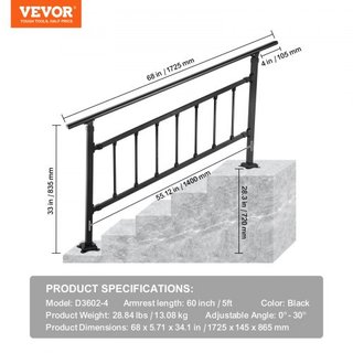 Barandilla de Escalera Exterior, Apta para 1-4 Escalones Barandilla de Hierro Forjado Transicional, Barandilla Exterior Ajustable, Barandillas para Escalones de Hormigón con Kit de Instalación, Ba...