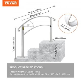 Pasamanos para Escaleras Exteriores, Se Adapta a 1 o 3 Escalones, Barandilla de Hierro Forjado Blanca, Barandilla Flexible para Porche Frontal, Pasamanos Transicional para Escaleras de Concreto o ...