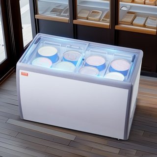 Vitrina de Helados Comercial, Congelador de Cofre de 370 L, Congelador Profundo de Cristal Móvil, Gabinete de Dipping de Gelato para Restaurante con 8 Grandes Tinas, 2 Puertas de Cristal Deslizant...