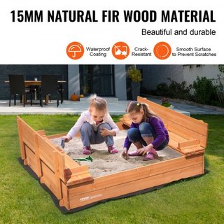 Caja de Arena de Madera, 52.4 x 47.2 x 16.9 in Caja de Arena, Pozo de Arena con Asientos de Banco Plegables y Forro Inferior, Caja de Arena de Madera Natural para Niños para Exterior, Jardín, Play...