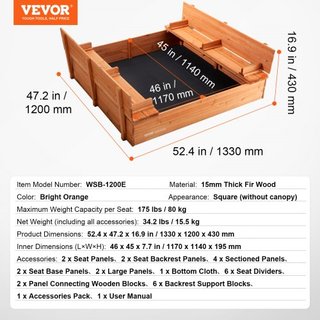 Caja de Arena de Madera, 52.4 x 47.2 x 16.9 in Caja de Arena, Pozo de Arena con Asientos de Banco Plegables y Forro Inferior, Caja de Arena de Madera Natural para Niños para Exterior, Jardín, Play...