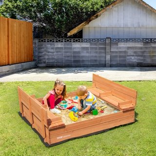 Caja de Arena de Madera, 52.4 x 47.2 x 16.9 in Caja de Arena, Pozo de Arena con Asientos de Banco Plegables y Forro Inferior, Caja de Arena de Madera Natural para Niños para Exterior, Jardín, Play...