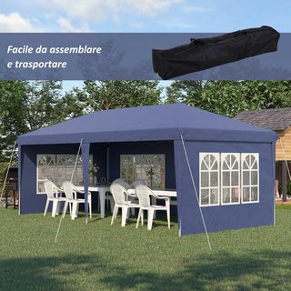 Gazebo 6X3 M regolabile in altezza, gazebo da giardino pieghevole con finestre, pareti rimovibili e borsa da trasporto, in acciaio e poliestere, blu