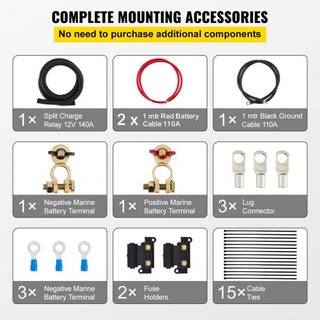 Kit de Relé de Carga Dividida, 2m 12V, Kit de Aislador de Doble Batería Automático con Relé de Sensado de Voltaje de 140AMP VSR, Compatible con RV, Marina, Coche, Vehículo, Camión, Caravana, Campe...