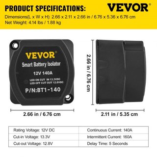 Kit de Relé de Carga Dividida, 2m 12V, Kit de Aislador de Doble Batería Automático con Relé de Sensado de Voltaje de 140AMP VSR, Compatible con RV, Marina, Coche, Vehículo, Camión, Caravana, Campe...