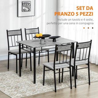 Set tavolo e sedie 5 pezzi, tavolo da pranzo rettangolare in metallo e MDF e 4 sedie con seduta imbottita in schiuma e poliestere