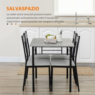 Set tavolo e sedie 5 pezzi, tavolo da pranzo rettangolare in metallo e MDF e 4 sedie con seduta imbottita in schiuma e poliestere