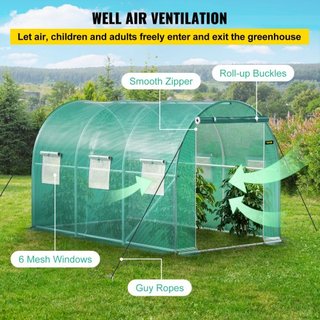 Invernadero de túnel portátil, 3.6 x 2 x 2 m / 12 x 7 x 7 pies, casa de plantas con arcos de acero galvanizado, 1 viga superior, 2 postes diagonales, 2 puertas con cremallera y 6 ventanas enrollab...