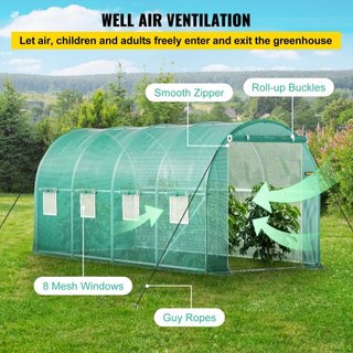 Invernadero de túnel portátil, 4.5 x 2 x 2 m / 15 x 7 x 7 ft Casa de plantas con arcos de acero galvanizado, 1 viga superior, 2 postes diagonales, 2 puertas con cremallera y 8 ventanas enrollables...