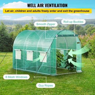 Invernadero de túnel portátil, 304.8 x 213.4 x 213.4 cm Casa caliente para plantas con arcos de acero galvanizado, 1 viga superior, postes diagonales, puerta con cremallera y 6 ventanas enrollable...