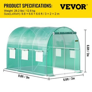 Invernadero de túnel portátil, 304.8 x 213.4 x 213.4 cm Casa caliente para plantas con arcos de acero galvanizado, 1 viga superior, postes diagonales, puerta con cremallera y 6 ventanas enrollable...