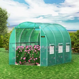 Invernadero de túnel portátil, 304.8 x 213.4 x 213.4 cm Casa caliente para plantas con arcos de acero galvanizado, 1 viga superior, postes diagonales, puerta con cremallera y 6 ventanas enrollable...