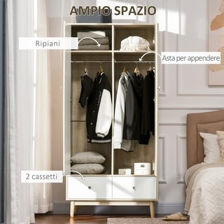 Armadio in legno a 2 ante con 4 scomparti, 2 cassetti e appendiabiti, colore legno e bianco, 90X50X190cm