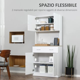Mobile da Cucina Alto 180Cm Con Armadi a 2 Ante e Cassetto, Credenza Alta in Legno Con Ripiani Regolabili, per Cucina, Sala da Pranzo e Soggiorno, 80X40X180 Cm, Bianco