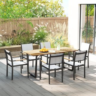 Mesa de Jardín para 6 Personas con Agujero para Sombrilla, Mesa de Comedor Rectangular de Madera y Acero, para Patio, Terraza, Balcón y Exterior, 175X80X75 Cm, Marrón