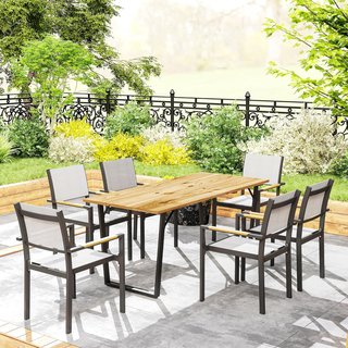 Mesa de Jardín para 6 Personas con Agujero para Sombrilla, Mesa de Comedor Rectangular de Madera y Acero, para Patio, Terraza, Balcón y Exterior, 175X80X75 Cm, Marrón