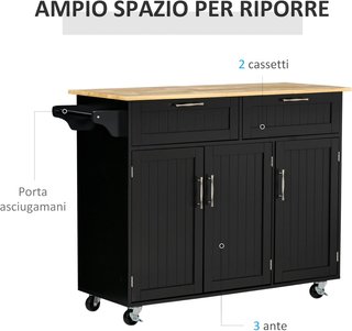 Carrello da Cucina Multiuso con 2 Cassetti, Armadio a 3 Ante e 4 Ruote, Isola da Cucina in Legno e MDF, 121X46X91Cm, Nero