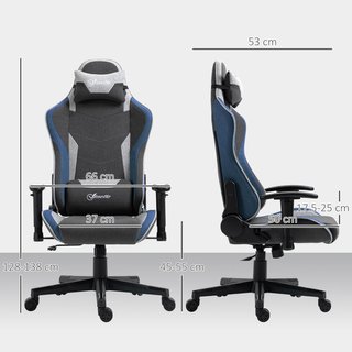 Silla De Gaming Ergonómica Con Reposabrazos, Reposacabezas Y Altura Regulable, Silla Gaming De Oficina Reclinable En Tejido Efecto Lino Con Función Balanceo, Soporte Lumbar, Azul
