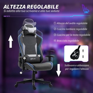 Silla De Gaming Ergonómica Con Reposabrazos, Reposacabezas Y Altura Regulable, Silla Gaming De Oficina Reclinable En Tejido Efecto Lino Con Función Balanceo, Soporte Lumbar, Azul