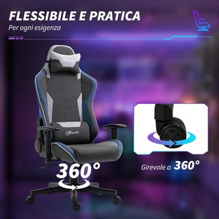Silla De Gaming Ergonómica Con Reposabrazos, Reposacabezas Y Altura Regulable, Silla Gaming De Oficina Reclinable En Tejido Efecto Lino Con Función Balanceo, Soporte Lumbar, Azul
