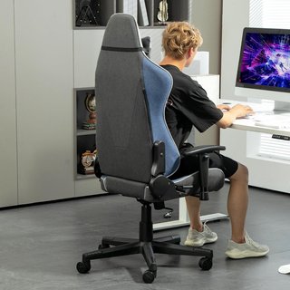 Silla De Gaming Ergonómica Con Reposabrazos, Reposacabezas Y Altura Regulable, Silla Gaming De Oficina Reclinable En Tejido Efecto Lino Con Función Balanceo, Soporte Lumbar, Azul