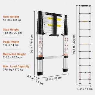 Escalera Telescópica, Escalera de Extensión Colapsable de Aluminio de 320 cm con Retracción de Un Botón, Capacidad de 170.1 kg con Pies Antideslizantes, Escalera Compacta Multiusos Portátil para H...