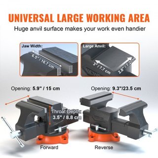 Torno de Banco, Ancho de Mordaza de 16.5 cm, Apertura Adelante de 16.5 cm y Apertura Inversa de 23.6 cm, Base Giratoria de Bloqueo de 360 Grados, Banco de Trabajo Multipropósito con Yunque, Hierro...