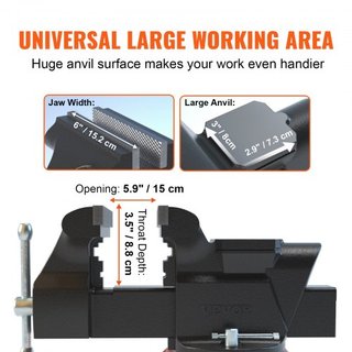 Morsa de Banco Ancho de Mandíbulas 15.2 cm Apertura de Mandíbulas 15 cm con Yunque Base de Bloqueo Giratoria 360° 60,000 PSI a Prueba de Óxido Hierro Dúctil Pesado para Afilado, Rectificado, Corte...