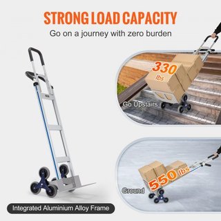 Carro de Escalera, Capacidad de Carga de 249.5 kg, Carretilla de Aluminio con Duales Mangos, Estructura Integrada y Ruedas de Goma Antideslizantes, Escalador Multifuncional para Almacén, Compras, ...