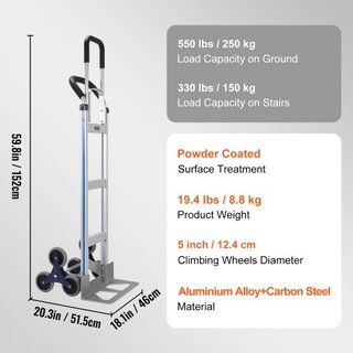 Carro de Escalera, Capacidad de Carga de 249.5 kg, Carretilla de Aluminio con Duales Mangos, Estructura Integrada y Ruedas de Goma Antideslizantes, Escalador Multifuncional para Almacén, Compras, ...