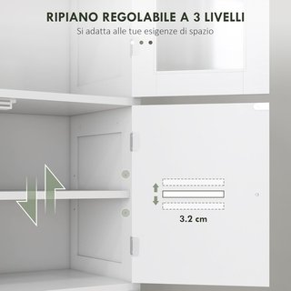 Mobile Colonna da Bagno con 3 Armadi a 2 Ante, Mobile Multiuso con Porte in Vetro e Persiane, 60X30X170.5Cm, Bianco