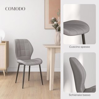 Set di 4 sedie moderne da pranzo, sedie da cucina e soggiorno con rivestimento in flanella e gambe in acciaio, grigio