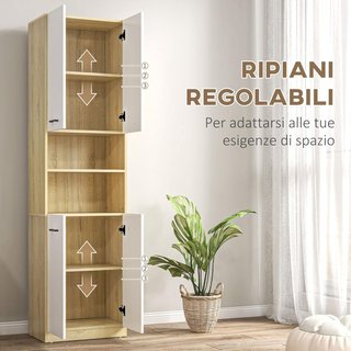 Armario De Baño, Mueble De Baño De Madera Con 2 Armarios Con Puertas Y 2 Estantes Abiertos, Diseño Antivuelco, 53X33.5X195.7 Cm, Blanco Y Madera