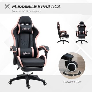 Silla De Gaming Ergonómica De Piel PU Y Acero Con Reposacabezas Y Altura Regulable, Silla Gaming Con Respaldo Reclinable Y Cojín Lumbar, 65X65X121-129 Cm, Negro Y Rosa