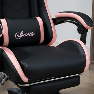 Silla De Gaming Ergonómica De Piel PU Y Acero Con Reposacabezas Y Altura Regulable, Silla Gaming Con Respaldo Reclinable Y Cojín Lumbar, 65X65X121-129 Cm, Negro Y Rosa