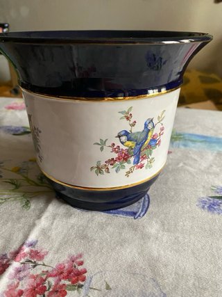 Macetero porcelana azul y oro pájaros