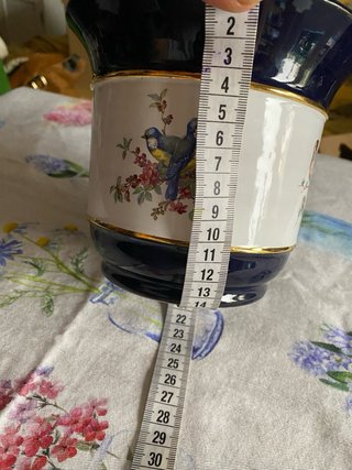 Macetero porcelana azul y oro pájaros