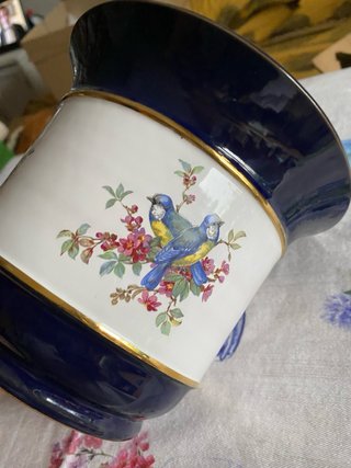 Macetero porcelana azul y oro pájaros