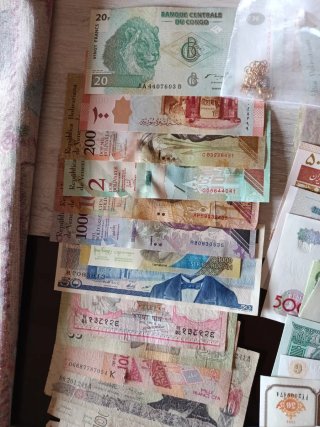 Lote 56 Billetes Extranjeros + Monedas y Colgante