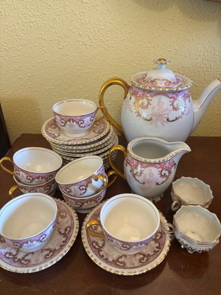 Antico set da caffè in porcellana rosa e oro