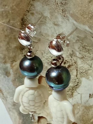 Pendientes Perlas Negras Pavo Real  Tortuga Piedra