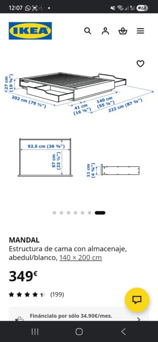 Cama 140cm con 4 cajones y colchón